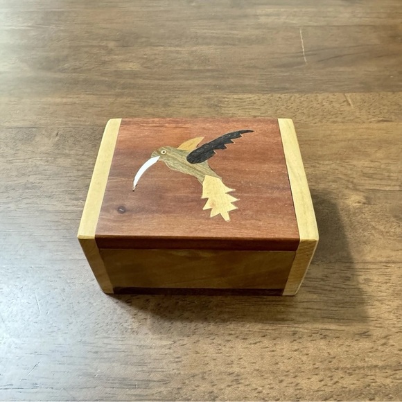 Other - Vintage Handmade Wooden Jewelry Box With Inlay Hummingbird Trinket Box